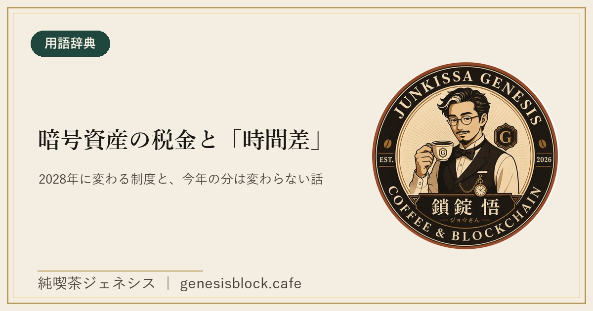 アイキャッチ画像：暗号資産の税金と「時間差」。2028年に変わる制度と、今年の分は変わらない話