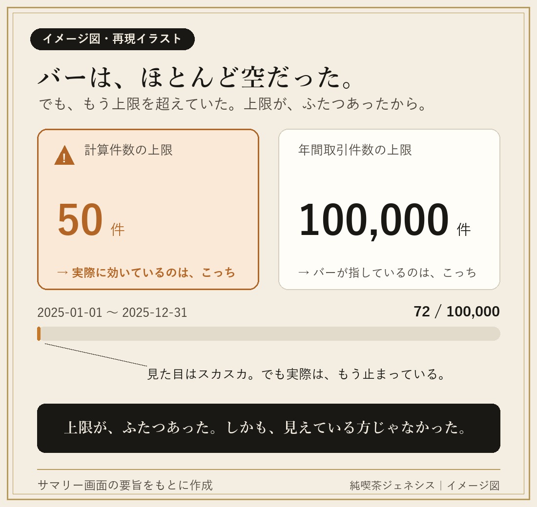 クリプタクトFreeプランの2つの上限のイメージ図。計算件数の上限50件と年間取引件数の上限100,000件、進捗バーは72/100,000でほぼ空