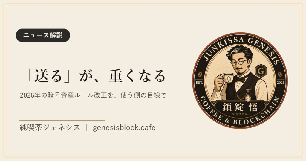 記事のアイキャッチ画像。「送る」が、重くなる——2026年の暗号資産ルール改正を、使う側の目線で
