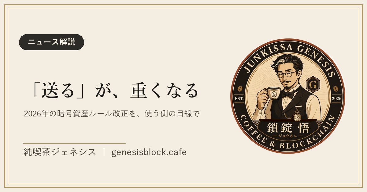 記事のアイキャッチ画像。「送る」が、重くなる——2026年の暗号資産ルール改正を、使う側の目線で